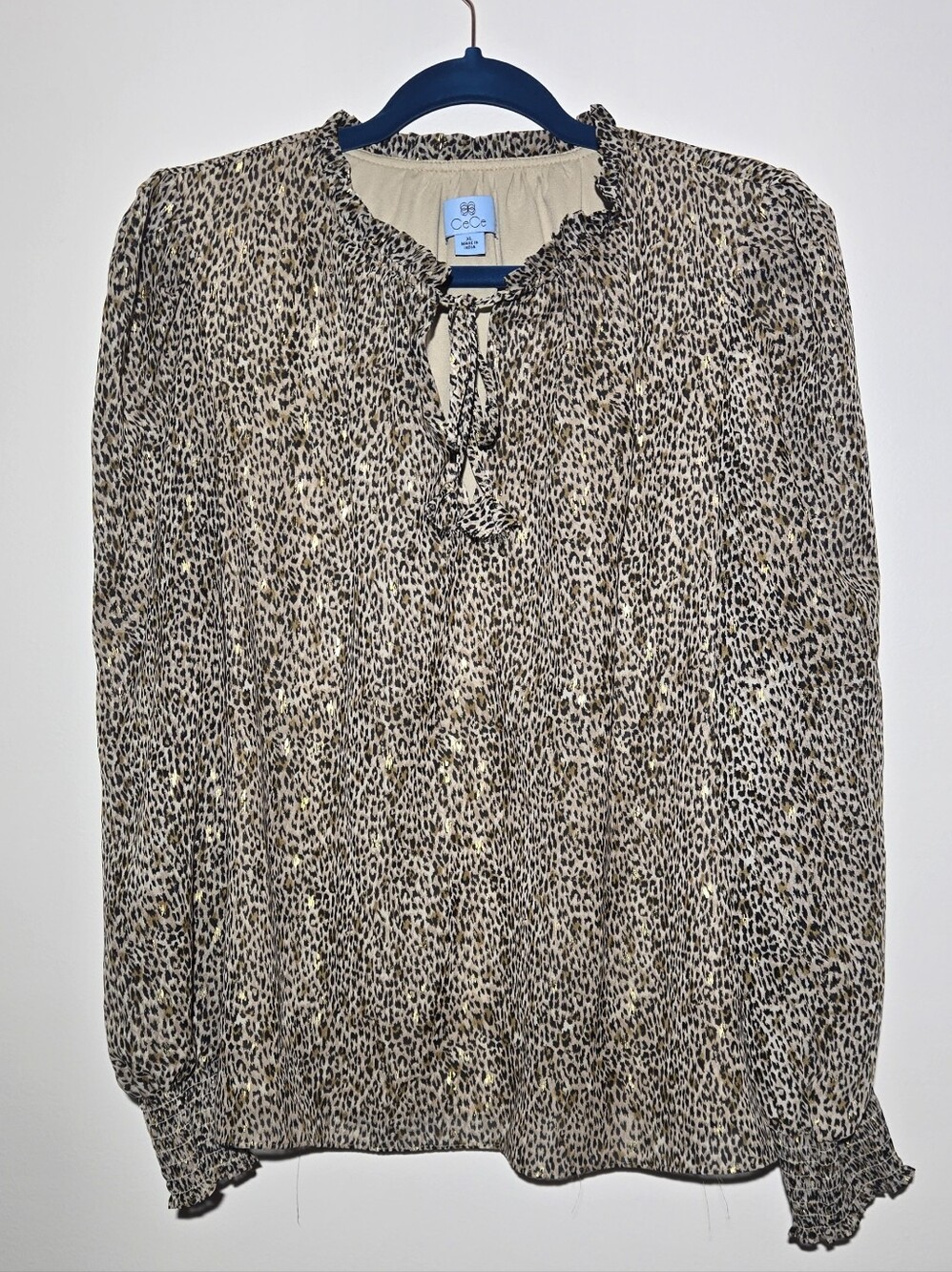 CeCe Beige Leopard Print Long Sleeve Blouse XL